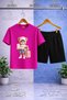 Children's Girls with Teddy Bear Suitcases Special Printed Crew Neck 3-Piece T-Shirt - Shorts Set - 2