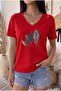 Women's Oversize V-Neck T-Shirt with Bird Feather Print