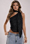 Lace Detailed One-Shoulder Crop Blouse with Shawl Detail - 5
