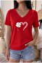 Women's Oversize V-Neck T-Shirt with Yonca Heart Print