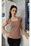 Women's Short Sleeve Square Neck Brown Color Body T-Shirt - 4