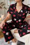 Women's Heart Patterned Shirt Collar Short Sleeve Long Cool Touch Milan Fabric Pajama Set - 2