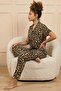 Women's Leopard Patterned Shirt Collar Short Sleeve Long Cool Milan Fabric Pajama Set - 2