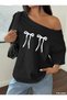 Double Ribbon Printed Oversized Women's Boat Neck T-Shirt
