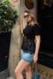 Black Short Sleeve Lace Garnished Waist Cross Tie Women's Sandy Blouse - 4