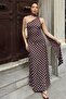 Brown Polka Dot One-Shoulder Women's Sandy Midi Dress with Scarf