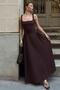 Brown Thick Strap Waist Gathered Women's Flared Midi Dress