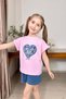 Girl's Pink T-Shirt with Lace Embroidery Heart Detail on the Chest and Elastic Waist Shorts Set - 2