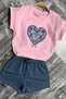 Girl's Pink T-Shirt with Lace Embroidery Heart Detail on the Chest and Elastic Waist Shorts Set - 5