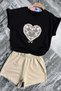 Girl's Black T-Shirt with Lace Embroidery Heart Detail and Elastic Waist Shorts Set - 4
