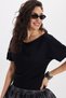 Women's Slim Fit Tight Fitting Short Bat Sleeve Boat Neck Black T-Shirt Blouse - 3