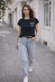Women's Crew Neck Game Over Cat Printed Regular Fit T-Shirt Navy - 4