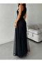 Women's Strappy Crew Neck Asymmetrical Hem Tulle Detailed Long Imported Crepe Dress - 5