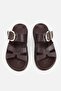 Women's brown cross strap buckle detailed flat slippers - 7