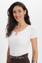 Women's Slim Fit Cotton V-Neck Short Sleeve Ecru Blouse - 3