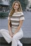 Striped Crew Neck Crop Women's Knitwear T-Shirt (Ecru Brown) - 4