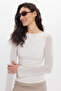 Women's Slim Fit Fitted Crew Neck Long Sleeve Ecru Blouse - 7