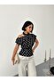Polka Dot Boat Neck Women's Blouse White Black Stylish Draped Top - 2