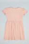 Embroidery Detail Flared Dress with Crew Neck and Puff Sleeves - 2