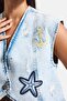 Women's Denim Color T-12S6-99 Embroidery Detailed Crop Fit Design Denim Vest - 3