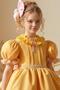 Girl's Clown Collar and Ruffled Waist Pearl Ribbon Detailed Balloon Sleeve Fluffy Yellow Evening Dress - 6