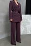 Women's Two-Piece Blazer Jacket and Trousers Set with Accessory and Button Detail, Wide-Leg - 4