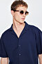 Men's Navy Blue Cotton Comfort Fit Relaxed Cut Hawaiian Collar Dobby Knitted Shirt - 4