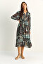 Women's Khaki Elastic Waist V-Neck Button Detailed Lined Patterned Chiffon Dress 2137 60286158 - 4