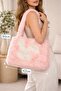 Plush Shoulder Bag Pink White Patterned Women's Bag Large Size Soft Textured Trendy Tote Bag 42X50 cm - 4