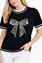 Women's Bow-Patterned T-Shirt with Pearl and Stone Details - 2