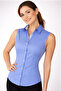 Royal Blue Albina Elastane Satin Blue White Fabric Detailed Zero Sleeve Slim Fit Women's Shirt - 6
