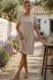 Organic Cotton Dark Beige Boat Neck Short Sleeve Double Pockets Casual Muslin Woven Dress 95 60 - 5