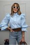 Women's Baby Blue Scallop Detailed Wide Collar Balloon Sleeve Cotton Linen Shirt Blouse - 2
