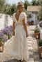 Beige V-Neck Sleeveless Collar and Cuff Ruffles Elastic Waist Casual Cotton Long Woven Dress 145 45 - 7