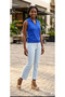 Sax Blue Polo Collar Mercerized Japanese Standard Knitwear Blouse with Ribbed Sleeves (36-42) - 4