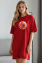 Elbisee Women's Red Oversize T-Shirt Dress – Orange Floral Pattern