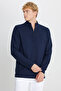 Men's Navy Blue Cotton Slim Fit Slim Fit Bato Collar Long Sleeve T-Shirt - 3