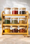 9-Piece Glass Spice Rack Set (8X8 cm) with Wooden Stand and Spoon, Borosilicate Kitchen Organizer
