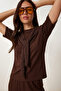 Scarf Detailed Lace Modal Top and Bottom Set Lby0054 Brown - 2