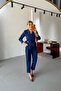 Double-Breasted Collar Navy Blue Suit with Gold Accessory Detail