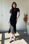 Lace Sleeves Ruffle High Neck Midi Elegant Black Dress - 5