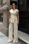 Women's Beige Double-Breasted Tie-Up Linen Textured Top and Bottom Set