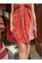 Red Color Gold Detailed Halter Neck Backless Short Silk Dress - 3