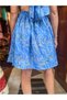 Blue Color Gold Detailed Halter Neck Open Back Silk Dress - 4