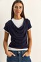 Women's Navy Blue Double Layered Look Degaje Collar Short Sleeve T-Shirt 6140 60286132 - 2
