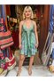Green Color Gold Detail Halter Neck Backless Short Silk Dress