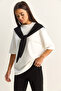 Women's White Black Shawl Detailed Oversize Basic T-Shirt 1094 60286118 - 3