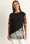 Women's Black Crew Neck Lace Garnished Asymmetrical Cut Relaxed Fit T-Shirt 2225 60286125 - 2