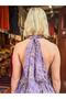 Purple Color Gold Detail Halter Neck Backless Silk Dress - 5