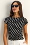 Women's Black-White Crew Neck Polka Dot Short Sleeve Lycra Crop T-Shirt 6137 60286127 - 4